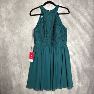 JJs House Green Fit and Flare Halter Mini Dress
